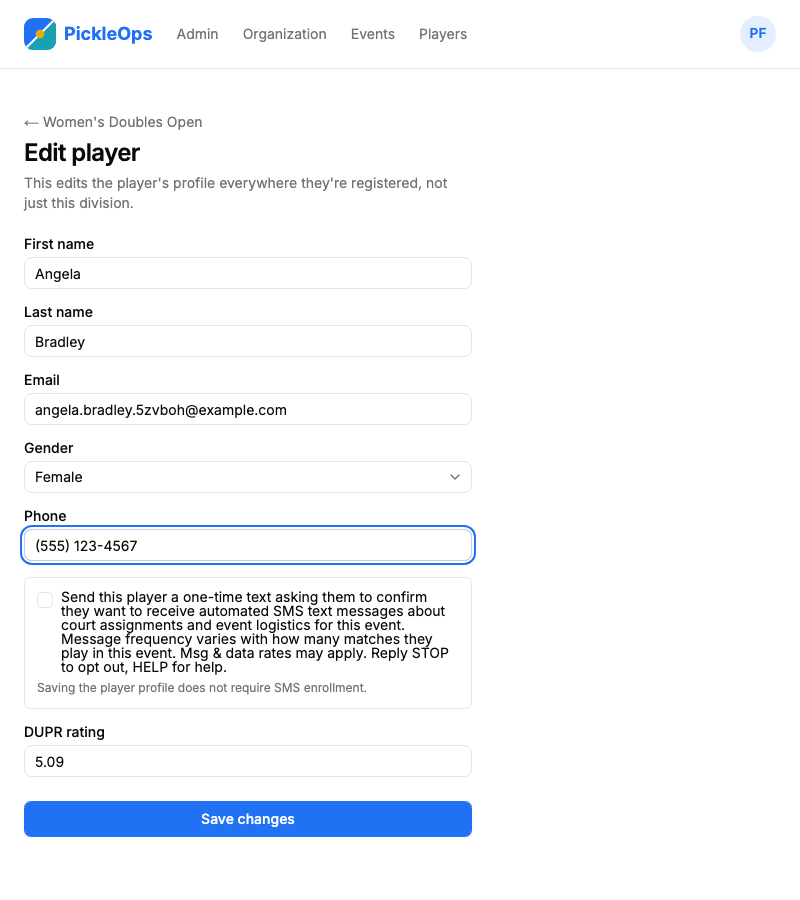 PickleOps admin roster form showing an organizer entering a player's phone number, with a separate unchecked checkbox to send the one-time opt-in text, and the PickleOps logo visible in the page header